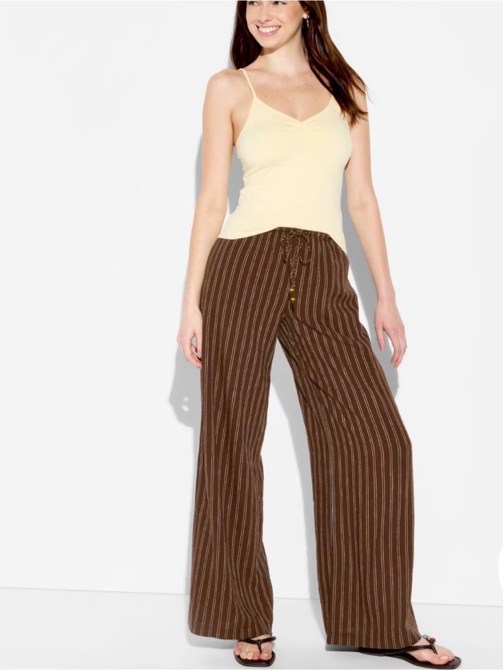Wide-Leg Drawstring Stripe Pants in Brown